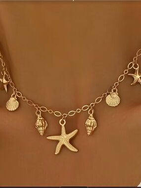Gold Seashell & Starfish Charm Necklace - Women Jewelry
